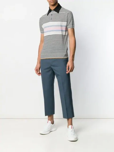 Shop Prada Striped Knit Polo Shirt In White