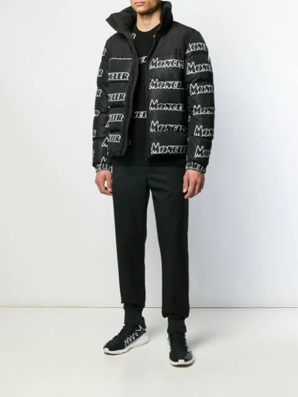 Moncler Faiveley All Over Logo Print Down Jacket In Black ModeSens