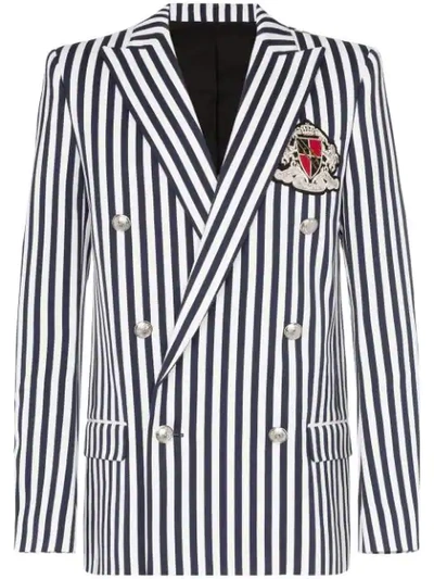 Shop Balmain Striped Blazer In Blue