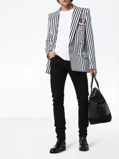 Shop Balmain Striped Blazer In Blue