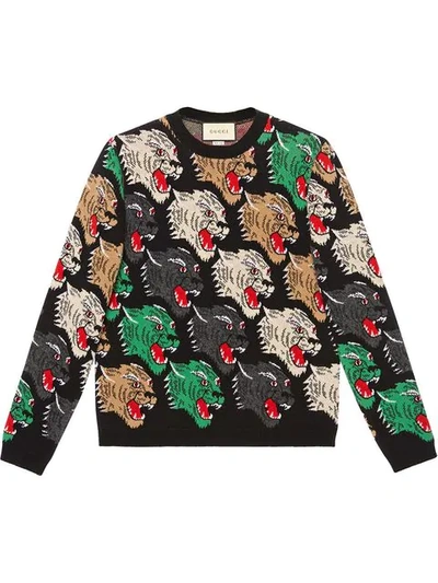 Shop Gucci Panther Face Wool Sweater In Black