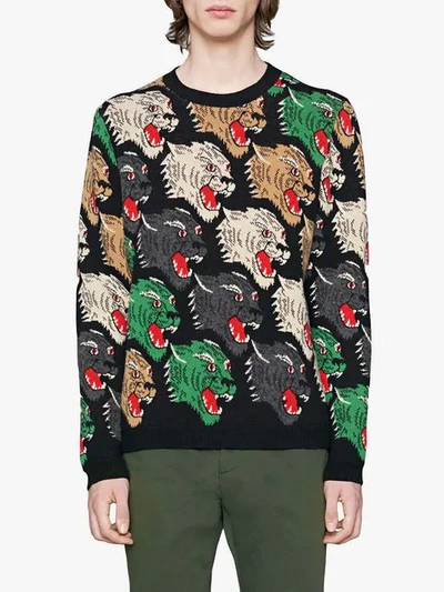 Shop Gucci Panther Face Wool Sweater In Black