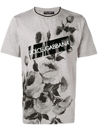 Dolce & Gabbana Logo And Rose-print Cotton T-shirt In Grey | ModeSens