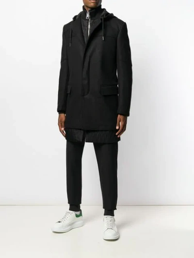Shop Les Hommes Hooded Layered Coat In Black