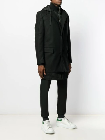 Shop Les Hommes Hooded Layered Coat In Black