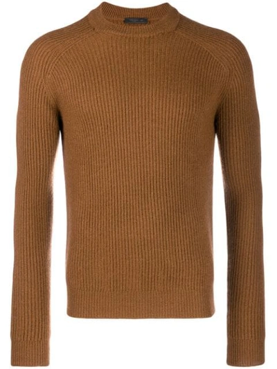 Shop Prada Ribbed Knitted Jumper In Brown