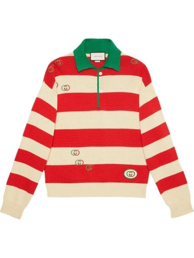 Shop Gucci Embroidered Striped Knit Polo In 9577 Red