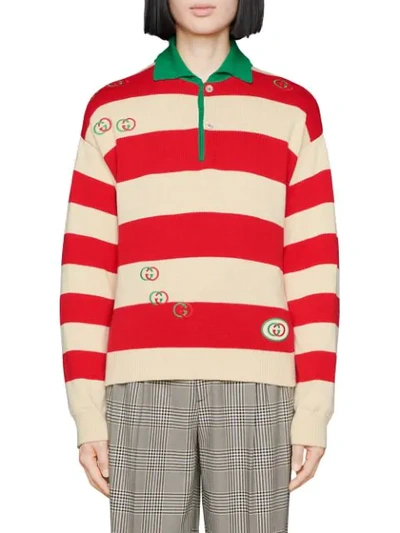 Shop Gucci Embroidered Striped Knit Polo In 9577 Red