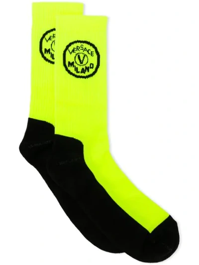 Shop Versace Contrast Logo Knit Socks - Yellow