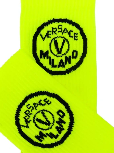 Shop Versace Contrast Logo Knit Socks - Yellow