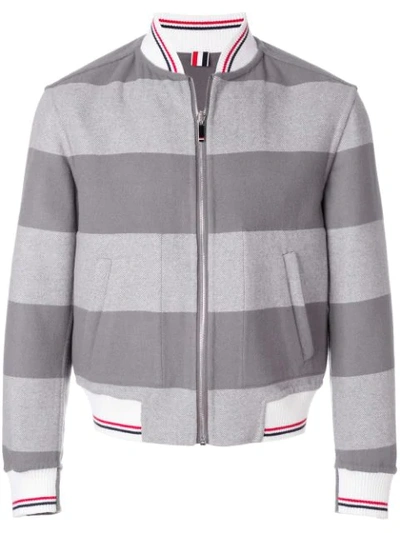 Shop Thom Browne Reversible Rugby Stripe Melton Wool Blouson Bomber - Grey