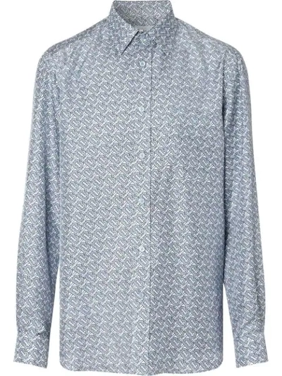 Shop Burberry Classic Fit Monogram Print Silk Twill Shirt In Pale Blue