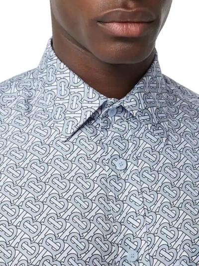 Shop Burberry Classic Fit Monogram Print Silk Twill Shirt In Pale Blue