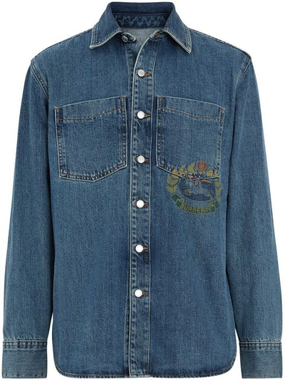 Shop Burberry Crest-print Denim Shirt In Blue