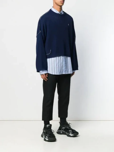 Shop Raf Simons Cropped Ribbed Knit Sweater In Blue