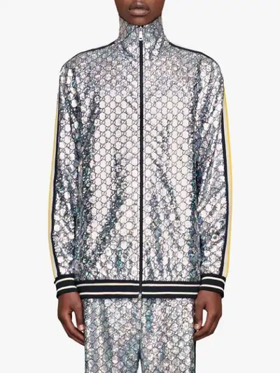 Shop Gucci Laminated Sparkling Gg Jacket - Silver