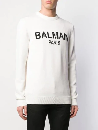 Shop Balmain Logo Knit Jumper In Neutrals