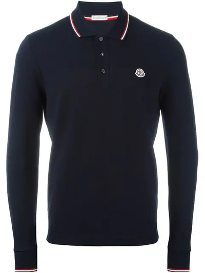 Shop Moncler Logo-patch Long-sleeved Polo Shirt In Blue