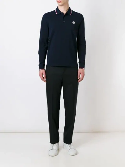 Shop Moncler Logo-patch Long-sleeved Polo Shirt In Blue