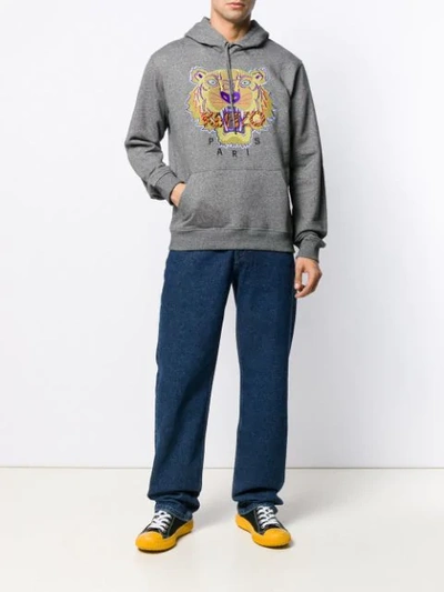 Shop Kenzo Embroidered Lion Head Hoodie - Grey