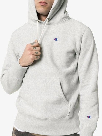 Shop Champion Logo Embroidered Hooded Jumper In Grey
