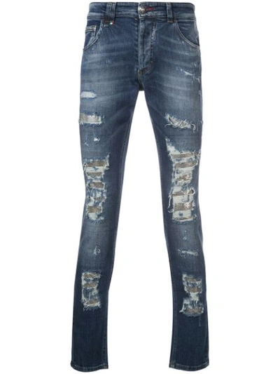 Shop Philipp Plein Ripped Skinny Jeans In Blue