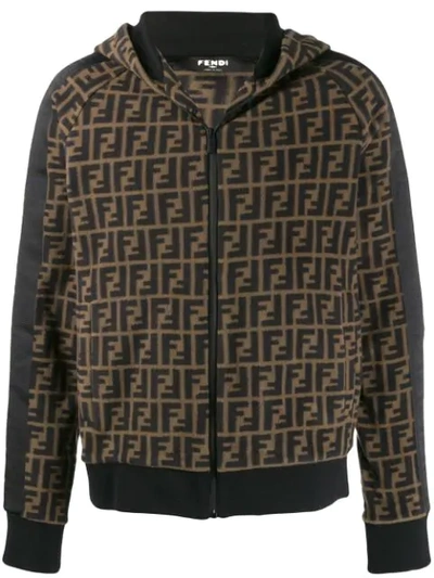 Shop Fendi Ff Motif Zip-front Fleece Hoodie - Schwarz In Black