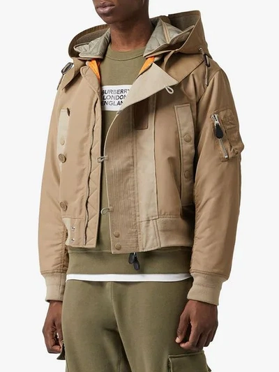 Shop Burberry Detachable Quilted Hood Nylon Bomber Jacket In Neutrals