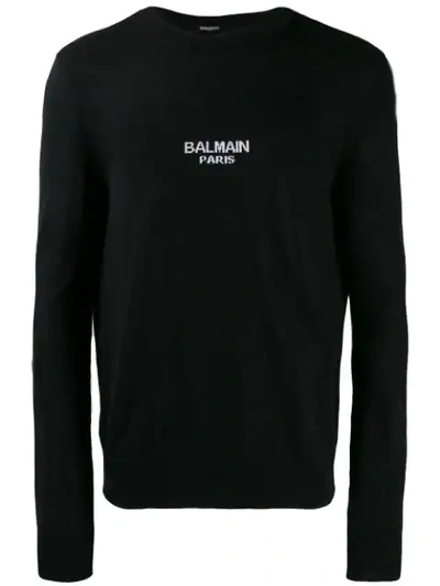 Shop Balmain Intarsia Logo Knit Sweater In Black