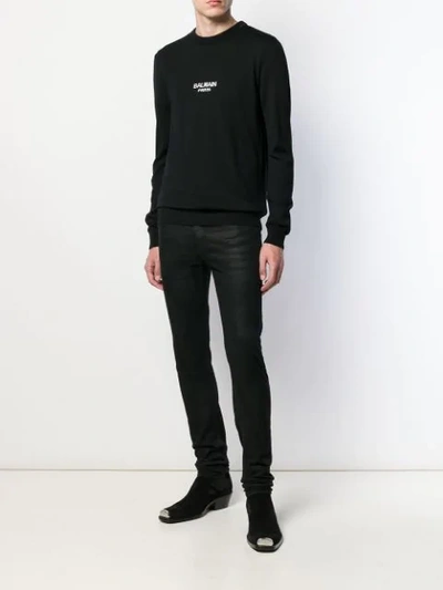 Shop Balmain Intarsia Logo Knit Sweater In Black