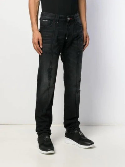 Shop Philipp Plein Destroyed Straight Jeans In Black