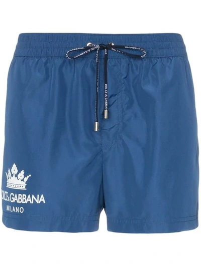 Shop Dolce & Gabbana Crown Logo Swimming Trunks In Blue