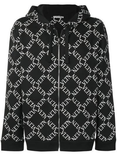 Shop Valentino 'vltn' Logo Grid Print Hoodie In Black