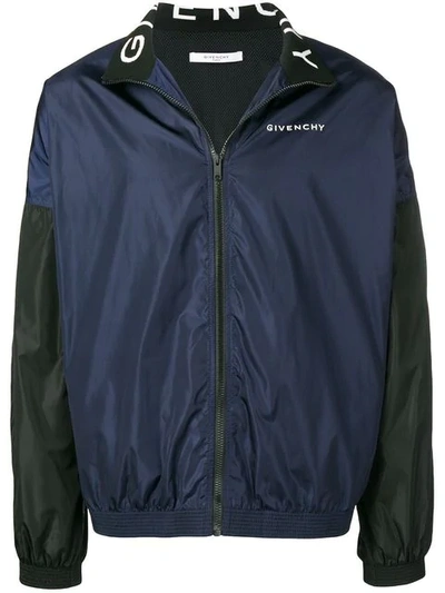 Shop Givenchy Logo Collar Zipped Jacket In Blue