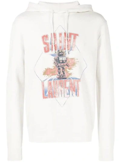 Shop Saint Laurent Logo Print Hoodie In 9721 -dirty Ecru/multicolo