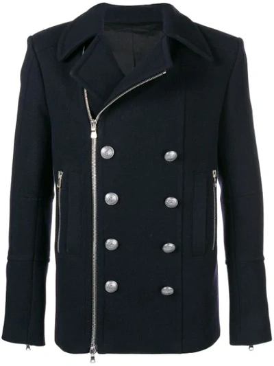 Shop Balmain Classic Peacoat In Blue