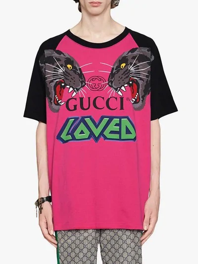 Shop Gucci Oversize T-shirt With Tigers In 5303 Fuchsia Pink