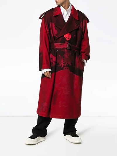 Shop Yohji Yamamoto Female Print Wool Blend Trench Coat In Red