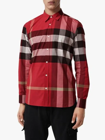 BURBERRY 格纹弹性棉质衬衫 - 红色