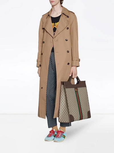 Shop Gucci Gabardine Trench Coat With Chateau Marmont Print In Neutrals