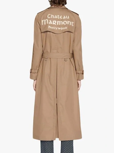 Shop Gucci Gabardine Trench Coat With Chateau Marmont Print In Neutrals