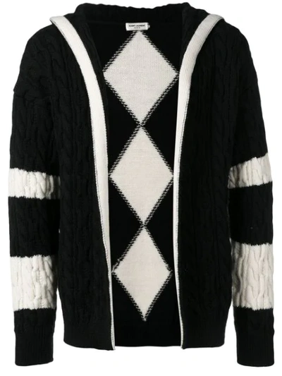 Shop Saint Laurent Cable Knit Hooded Cardigan In Black