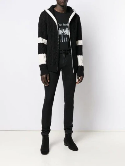 Shop Saint Laurent Cable Knit Hooded Cardigan In Black