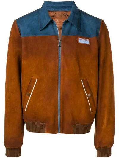 Shop Prada Leather Bomber Jacket In F0yby Brandy/denim