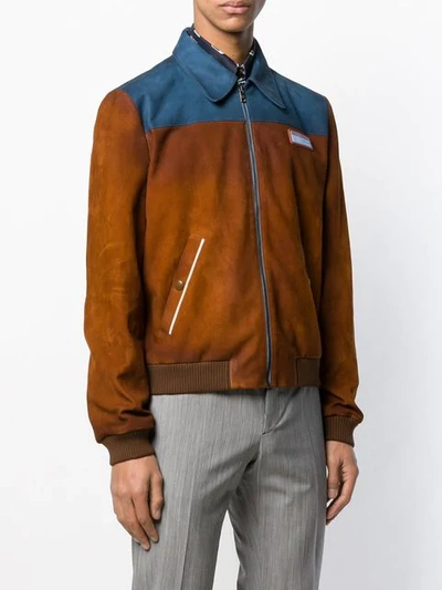 Shop Prada Leather Bomber Jacket In F0yby Brandy/denim