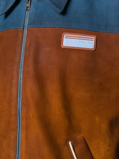Shop Prada Leather Bomber Jacket In F0yby Brandy/denim