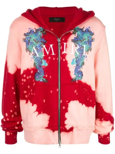 Shop Amiri Watercolor Dragon Zip Hoodie In Pink