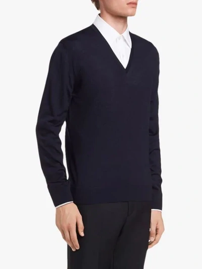 Shop Prada Knitted V-neck Sweater In Blue