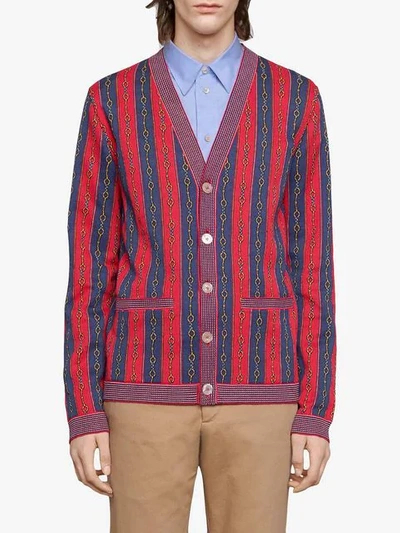 Gucci Horsebit Stripe Cotton Blend Cardigan In Red