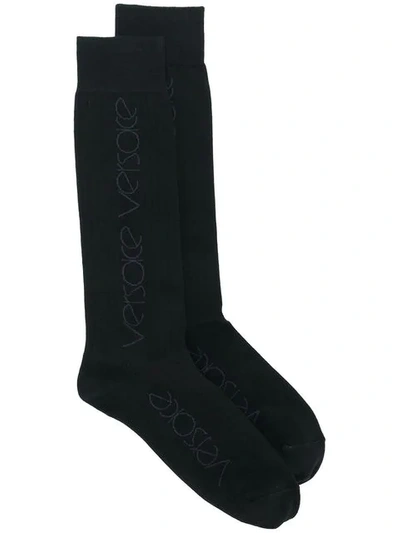 Shop Versace Logo Patterned Socks - Black